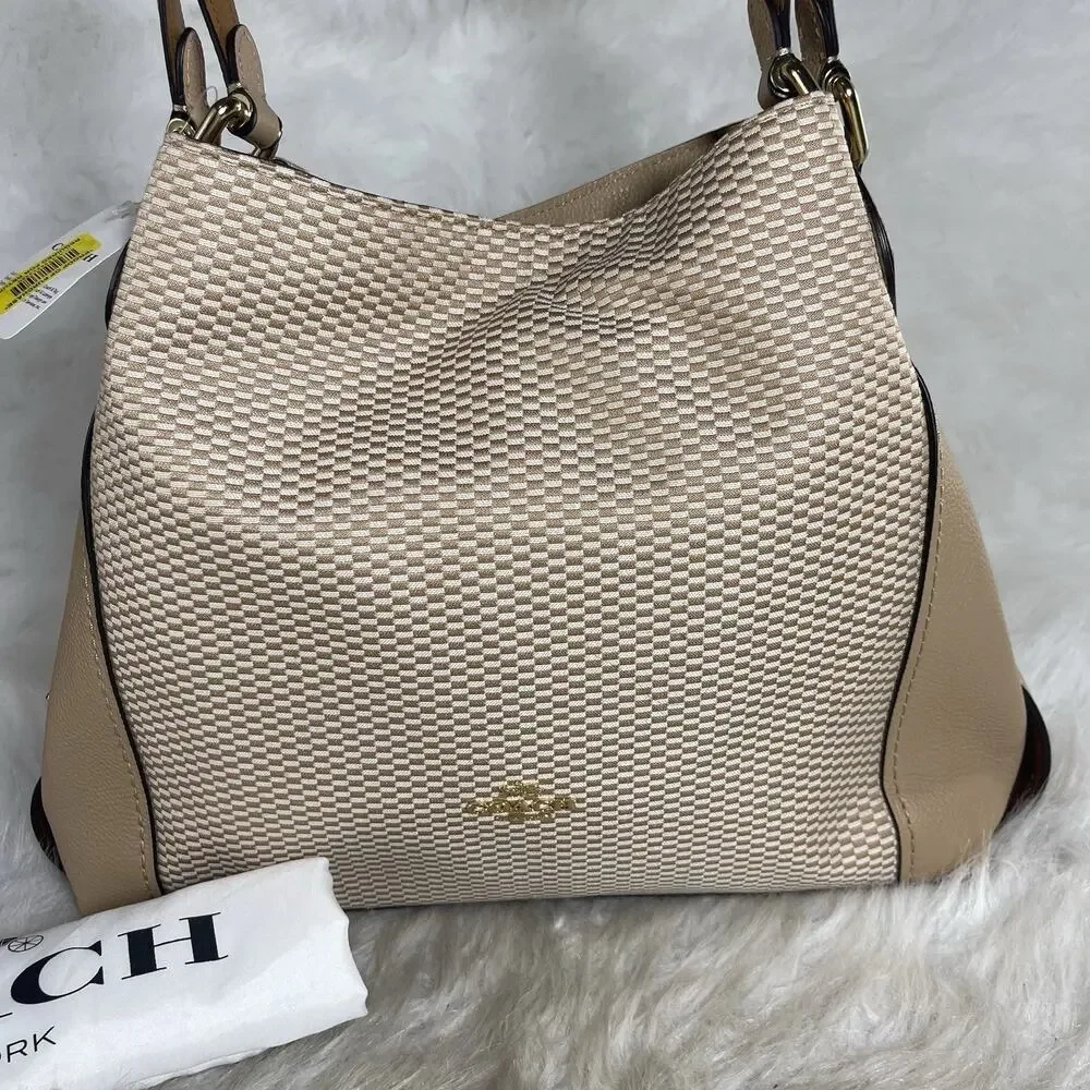 Coach Women’s Beige Woven Pebbled Finish Shoulder Bag, Gold Hardware, Tag